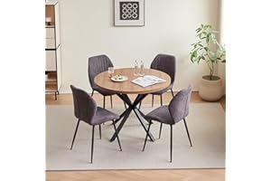 DEYARNA HOME Juego de Mesa de Comedor Redonda de 100 cm con 4 Sillas de Tela de Lino, Conjunto Mesa y Sillas de Comedor para Comedor, Cocina y Salón (Madera Oscura+ST-Negro)