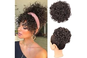 PORSMEER Chignon Postiche Cheveux Grande Postiches Bouclés Ondulés Cheveux Naturel Africain Puff Queue de Cheval Drawstring Extension de cheveux Brun foncé pour Femmes Fille