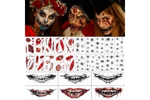FLYFTREY Tatuaż na Halloween, 26 arkuszy, pająk i blizny, rany na twarz, usta, tymczasowy tatuaż, przerażające, krwawe zombie, tatuaż wampirów na Dzień Zmarłych, Cosplay, dekoracja dla dzieci i dorosłych