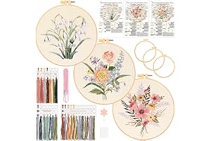JSRQT Kit de Bordado Floral de 3 Juegos para Adultos Principiantes, Kit de Inicio de Punto de Cruz Estampado con Tela Preimpresa, Kit de Bordado Hecho a Mano con 3 Aros de Bordado, Aguja e Hilo