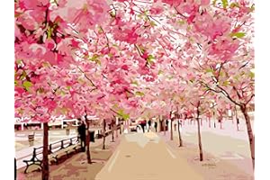 YEESAM ART Stationery Romantic Road with Pink Cherry Blossoms Trees, Paint by Numbers 16x20 inch DIY Painting Kits for Home Wall Decor (Pink, Without Framed)