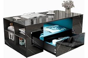 Blisswood Led Coffee Table with 2 Drawer Storage, High Gloss Coffee Table for Living Room Wooden Centre Table with RGB Led Lights Rectangle Tea Table for Living Room Furniture, Black Marble