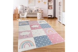 Paco Home Nursery Area Rug Kids Rug For Bedroom Girls Boys Non-slip Rainbow Heart Dots, Size:140x200 cm, Colour:Grey-Rose
