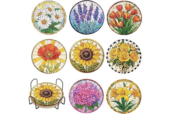 CZXCV 8 stycken runda Diamond Painting-underlägg, halkfria blomunderlägg med hållare, 5D DIY diamantkoppsunderlägg för vuxna, barn och nybörjare, heminredning, bilmugg