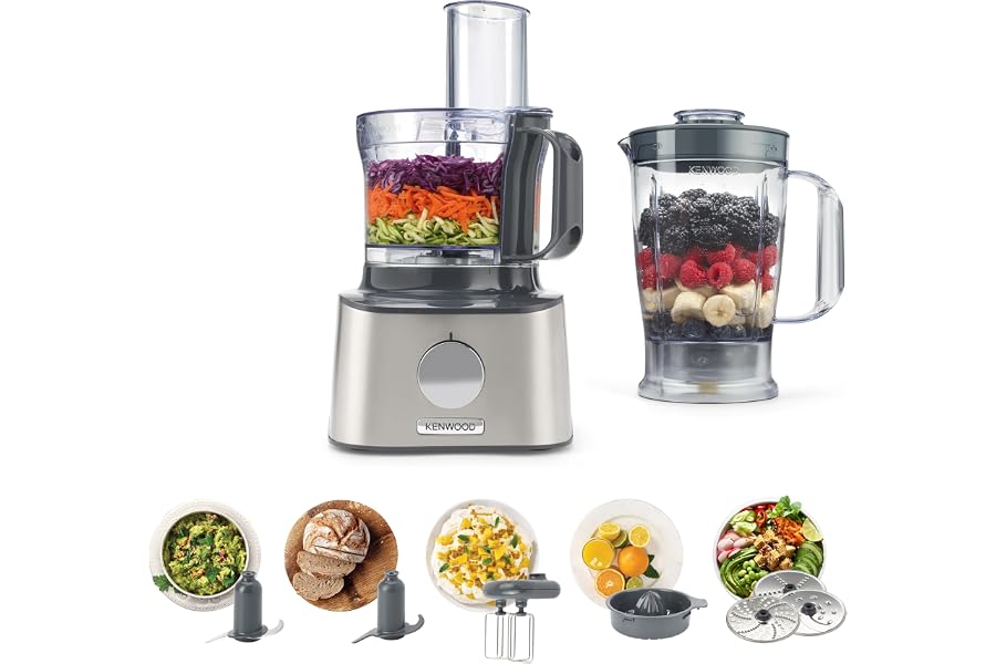 Kenwood Multipro Compact FDM301SS Food Processor with 2 Processing Speeds + Pulse, 2.1L Bowl, 1.2L Blender, 3 Steel Discs, Double Whisk Whisk, Juicer