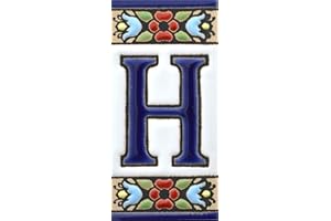ART ESCUDELLERS Schilder mit Zahlen und Nummern auf Keramikkachel. Handgemalte Kordeltechnik Fuer Schilder mit Namen, Adressen und Wegweisern. Design Flores Mini 7,3 cm x 3,5 cm (Buchstaben H)