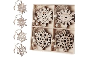 Agoer 16 drewnianych ozdób na Boże Narodzenie, płatki śniegu, 4 różne elementy, ze sznurkiem jutowym, do majsterkowania, choinki, 7,5 cm