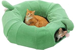 PETEPELA Cactus Cat Tunnel Bed with Washable Flower Cushion & Dangling Ball Toys, Collapsiable Cat Round Tunnel for Indoor Cats, Small Dog and Rabbit, Green