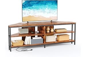 CAIYUN 140cm Corner TV Unit With Power Outlet, 55 Inch Stand for Living Room, Cabinet for 32/45/50/55/60/65 Inch TVs, Wooden Bench for Bedroom, Rustic Brown