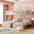 BOVZA Full Over 2 Twin Velvet Upholstered Bunk Bed with Headboard and Two Storage Drawers, Triple Bunk Bed for 3 Kids Teens Adults, Beige