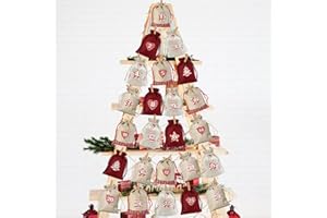 HAKIWINA Adventskalender zum Befüllen Stoff 2023 für Kinder Mädchen Männer Frauen, 24 Weihnachtskalender Tüten zum Selbst Befüllen Hängend mit Rot Zahlen Aufklebern DIY Wiederverwendbar Säckchen