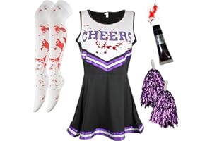 CHERRY-ON-TOP Cheerleader Costume Women Halloween Costumes for Women Cheerleader Halloween Costume Adult Zombie Cheerleader Halloween Costume for Women Dead Cheerleader Blood Tube, Stocking