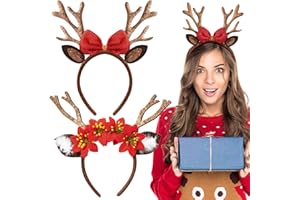 BOOMTOP 2 Haarreifen Weihnachten Rentier Geweih Weihnachts Haarband Glitzer Reh Haarreif Kostüm Weihnachtsstirnband mit Blume Schleife Glöckchen Weihnachten Haarschmuck Adventskalender Füllung
