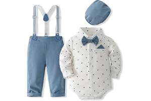 Fohuanky Baby Pojke Formell Outfit Klädset för herrar Romperskjorta med fluga Hängslen Byxor & hatt för bröllop födelsedagsfest