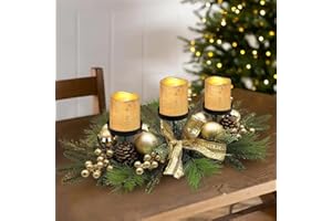 Taylor & Brown Christmas Table Decoration Tea Light Candle Holder Tealight Jar Three Section Festive Pinecones, Ornaments & Ribbon Centrepiece Décor Xmas Table Decorations (Gold Elegance)