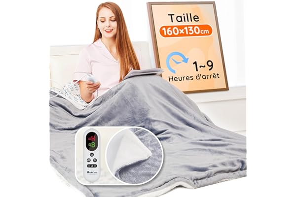 Couverture électrique chauffante, avec arrêt Automatique, 10 Niveaux de Chauffage Jusqu’à 9 Heures, Protection Contre la surchauffe, certifiée ETL, pour lit, en Flanelle, Chauffage Rapide