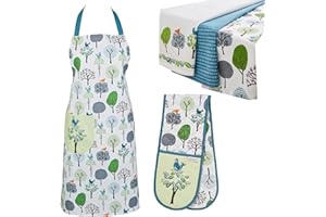 Cooksmart 5 Piece Apron & Kitchen Set | Double Oven Gloves & Tea Towels Perfect For Any Kitchen - Forest Birds
