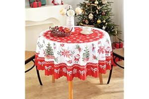 iEvery Tischdecke Rund Weihnachten, 150cm Runde Weihnachtstischdecke Schneeflocke Abwaschbar Polyester Tischtuch für Weihnachtstag Xmas Neujahr Party Dekoration, Rot Rund