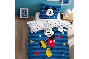 OMYDREAM Disney Home Mickey Parure de lit imprimée Stripes | 100% Coton | Oeko-TEX | Housse de Couette 1 Personne garçon 140x200 cm + Taie d'oreiller 63x63 cm | Bleu