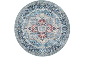 RugVista Georgia Oriental Rug, Modern, Ø 160 cm, Round, Carpet, Low Pile, Machine Washable 30°, living room,bedroom, kitchen, Blue/Multi