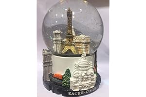 EMNY Schneekugel Eiffelturm und Sehenswürdigkeiten von Paris – Weiß – groß 14 cm – Sockel aus hochwertigem Harz und Glaskugel – 3D-gravierte Paris-Denkmäler – glitzernder Schnee – Farbe Weiß