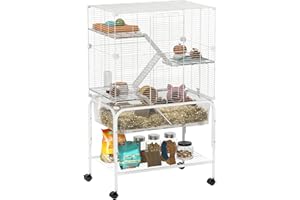 PawHut Jaula para Animales Pequeños de 4 Niveles con Ruedas Jaula para Roedores con Bandeja Profunda Rampas Plataformas Comedero y Bebedero Recinto para Chinchillas Hurones Hámster 73x47x123 cm Blanco