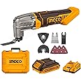 INGCO Cordless Multi Tool with 1pcs 2.0Ah Battery and Charger, 5000-20000 RPM, 6 Variable Speed,3.2° Oscillation Angle, 20V Oscillating Multi-Tool for Sawing, Cutting, Sanding CMLI20228