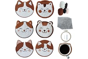 Xinpinzhou Gatto Punch Needle Sottobicchieri Kit Completo Principianti Bambini Adulti, Animali Punch Needle Sottobicchiere Set, Kit Punch Needle Ricamo Sotto Bicchieri da Tavola