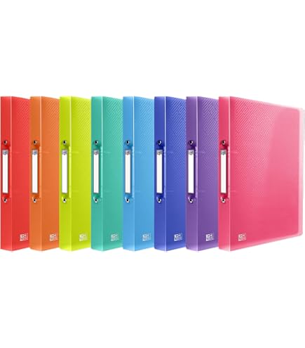 10 Classeurs A4 2 Anneaux 25mm - Polypropylène Transparent Coloré - Pochette Intérieure - Étiquette Amovible