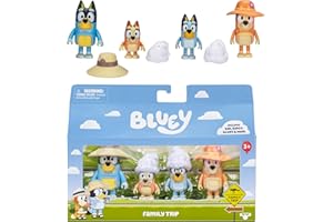 Bluey Pack de 4 Figuras, Viaje en Familia, Figuras articuladas de 6,3 cm, Bingo, Bandit y Chilli, con Accesorios