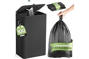 Pfandflaschen Sammelbehälter mit Deckel 100L, Groß Pfandflaschen Behälter mit 2 Tragetasche, Flaschensammler Leergut für Plastik- und Glasflaschen, Pfandbehälter mit Einwurf, Schwarz