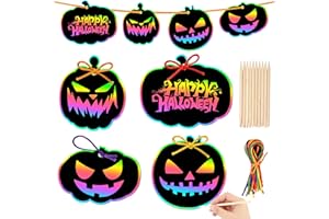 JULMELON 36PCS Halloween Scratch Paper Crafts Kit Pumpkins Magic Rainbow Scratch Art for DIY Party Ornaments Halloween Decor with 12 Wooden Sticks and 36 Colorful Ribbons