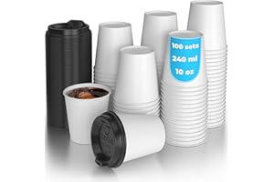 CUPCUP 100 Gobelets Carton Blanc pour Café à Emporter - Tasse 240ml avec Couvercles pour Servir le Café, le Thé, des Boissons Chaudes et Froides