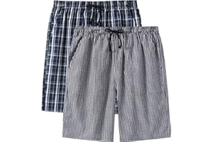 MoFiz Men's 2 Pack Pyjama Bottoms 100% Cotton Checked Lounge Wear Shorts with Pockets