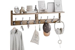 STELLSTAR Perchero con Estante de Pared, Estante de Entrada de Bambú, Juego de 2, Guía con Gancho de Pared para Decoración de Pasillo, Para Guardar Ropa, Correa de Perro(Nogal)