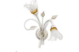 ONLI - applique da parete 2 luci in metallo bianco e argento con sfumature oro. Vetri a forma di calla. 2 x E14