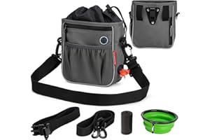 BABEYER Dog Treat Pouch Bag, Dog Walking Bag, Puppy Training Pouch with Collapsible Water Bowl, Built-in Training Clicker, Adjustable Belt and Shoulder Strap 3 Ways to Wear, Grey