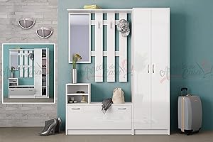 ARREDO DA CASA Mobile Ingresso Bianco Attaccapanni Entrata Moderno Con Due Ante Specchio Cassettone E Due Ripiani IG8