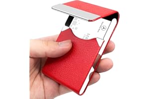 Padike Professional Business Card Holder PU Leather Business Card Case Name Card Holder Slim Metal Pocket Card Holder with Magnetic Shut … (Red)