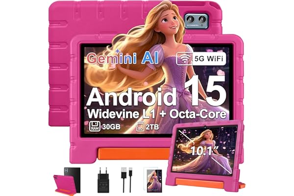 ZIOVO Tablet para Niños 10 Pulgadas Android 15 Tablets con 30GB RAM + TF 2TB, 5G WiFi, Gemini AI, Octa-Core, Widevine L1, Control Parental, iWAWA, GPS, BT 5.0, GMS Certificada Tablet con EVA Caso-Rosa