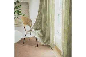 SASIGAYA Openwork Embroidered Curtains, Boho Curtain Scarves with Eyelets, Cotton Linen, Living Room, Translucent Curtains for Bedroom, Living Room, Children's Room, Pack of 2, Green (140 x 180 cm