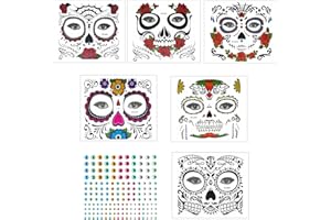 KATOOM 6Pcs Halloween Face Tattoos,Day of The Dead Temporary Makeup Stickers Sugar Skull Skeleton Red Rose Tattoo with Rhinestone for Halloween Prank Carnival Masquerade Horror Theme Party