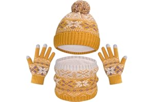 AOTOW Boys Hat Scarf and Gloves Set - Girls Kids Hat and Gloves Set 3pcs Winter Thermal Knitted Beanie Cap & Circle Scarf & Magic Gloves with Fleece Lining Snow Pattern for Children Warm 5-10 Years Old