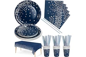 Nkaiso 126pcs Bleumarine et argent Party Vaisselle, Decoration fête Anniversaire Kit,Papier Assiette Papier Tasse Serviette Pailles Nappe,en Mariages Baby Shower Noël- 25 invités