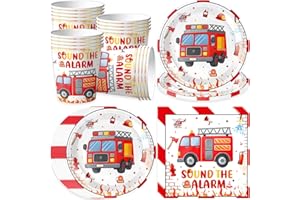 pekifaves Feuerwehrauto Partygeschirr Set für 16 Gäste, Feuerwehr Feuerwehraut Geburtstag Party Teller Servietten Tassen, Feuerwehrmann Pappteller Kindergeburtstag Set für Junge Geburtstagsdeko
