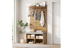 ModernLuxe Garderoben-Set in Holzoptik Eingangsschrank Wandgarderobe mit Schuhbank, verstellbarem Regal, Kleiderstange und Polster – Platzsparende Flurmöbel, 84 x 32 x 175 cm Holzfarbe