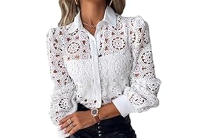 JUKETRON Camisa de retales de Encaje Blanco, Blusa para Mujer, Camisas de Manga Larga sin Forro para Primavera y Verano, Tops Vintage calados a la Moda 2024
