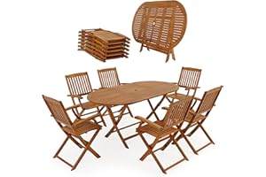 CASARIA® Boston Oval Dining Table and 6 High Back Chairs | Acacia Wood | Folding Conservatory Patio Outdoor Furniture Set | Weather Resistant | 160 x 85 cm