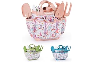GRENEBO Kids Gardening Tool Set - Sturdy Metal & Wooden Tools for Ages 3-12 with Shovel, Rake, Watering Can, Gloves, Waterproof Apron & Tool Bag - Outdoor Educational Gift Toys for Boys Girls (Pink)