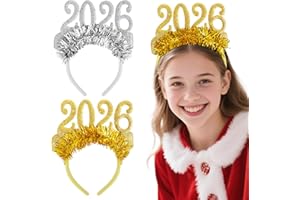 BETESSIN 2pcs Diademas de 2026, Diadema de Oropel de Año Nuevo, Diadema Feliz Años 2026, Diademas de Festival Navidad, Accesorios Pelo de Purpurina Dorada Plateada para Mujer Niñas Disfraces, 25*20cm